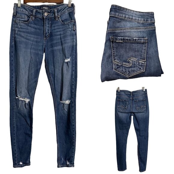 Silver Jeans Denim - Silver Jeans Women's Dark Wash Distressed Stretch Mazy Skinny Jeans Size 26 29